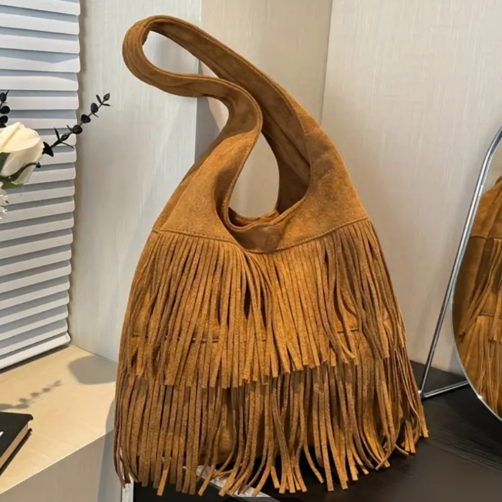 Fringed Tan Faux Suede Boho Bag